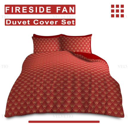 The Fireside Fan duvet cover set by Velvetio exudes a warm, regal elegance with its rich red base and intricate gold fan-like motifs. Presented with crisp typography and a faint watermark that subtly reinforces the brand’s premium identity, the promotional layout highlights both design and sophistication. Ideal for lovers of classic patterns with a touch of opulence, this set transforms any bedroom into a cozy yet refined retreat.