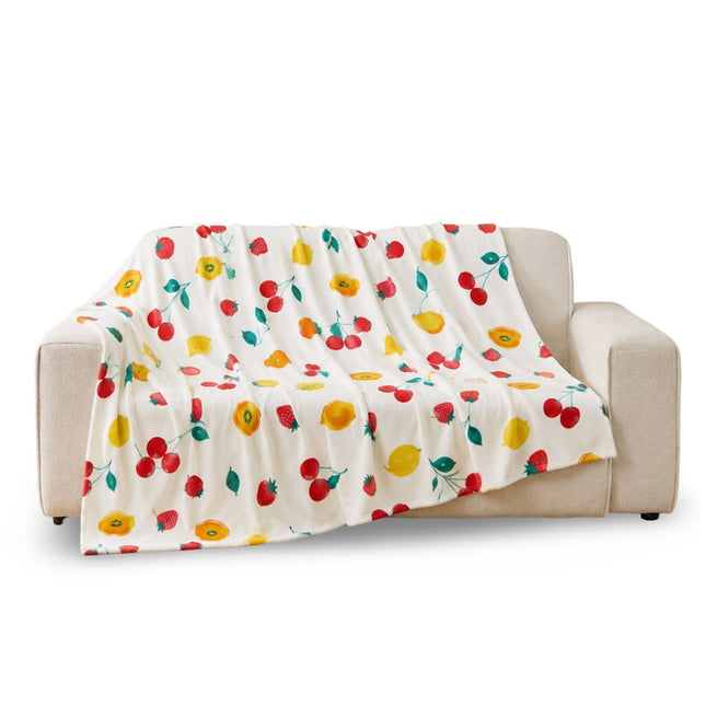 Fruit Flannel Floral Throw Blanket – Soft and cosy decorative home blanket featuring a charming combination of fruit and floral patterns, perfect for adding warmth, comfort and colourful style to sofas, beds and chairs.