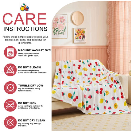 Fruit Inspired Flannel Floral Throw – Warm and comfortable home blanket with charming floral and fruit detailing, suitable for sofas, armchairs and beds while adding personality and decorative character to any room.