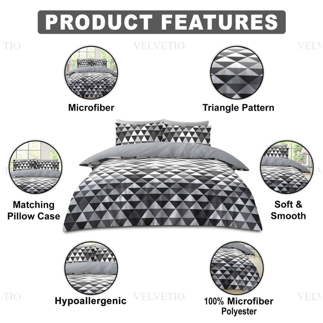 This striking image showcases a modern bedding set with a bold triangle pattern in shades of gray and black, accentuated by six circular insets that detail its key features. The comforter and matching pillowcases are crafted from 100% microfiber polyester, promising a soft and smooth texture while also being hypoallergenic. Clear text labels such as “Microfiber,” “Triangle Pattern,” “Matching Pillow Case,” “Soft & Smooth,” and “Hypoallergenic”