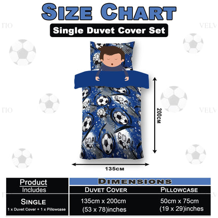 The Goal Blue Boy Duvet Cover Set is designed to fit standard single beds with dimensions of 135 cm x 200 cm (53 x 78 inches) for the duvet cover and 50 cm x 75 cm (19 x 29 inches) for the pillowcase. The set includes one duvet cover and one matching pillowcase, ensuring a complete bedding solution for your child’s room.