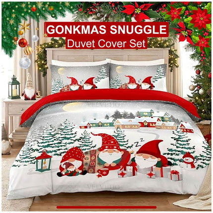 Christmas Gonkmas Snuggle Microfibre Duvet Cover Set with Cute Festive Design and Matching Pillowcases