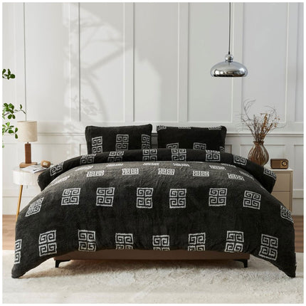 A modern Greek key pattern combined with a soft teddy-inspired design to enhance bedroom style.