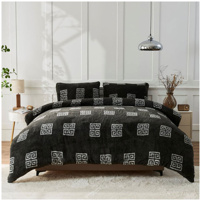 A modern Greek key pattern combined with a soft teddy-inspired design to enhance bedroom style.