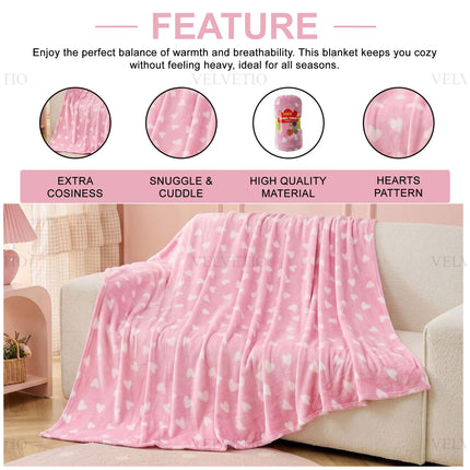 Soft Hearts Design Home Blanket – Stylish flannel throw showcasing a delightful heart-inspired pattern, perfect for keeping warm, lounging on the sofa or adding a decorative layer to your favourite chair or bed.