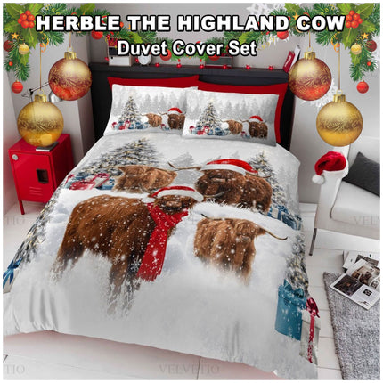 Features the lovable Herble the Highland Cow in Christmas gear, surrounded by seasonal elements, ideal for creating a rustic festive bedroom look.