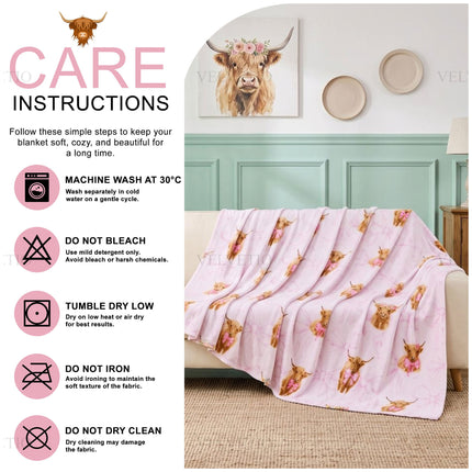 Country Style Highland Cow Throw Blanket – Soft decorative home throw featuring a cute Highland cow and elegant bow-inspired detailing, perfect for cosy evenings, everyday lounging and adding rustic charm to your favourite room.