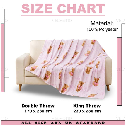 Highland Cattle Bow Design Decorative Blanket – Soft and stylish throw featuring a delightful Highland cow motif and bow detail, perfect for adding comfort, warmth and an eye-catching animal-inspired accent to sofas, beds and armchairs.