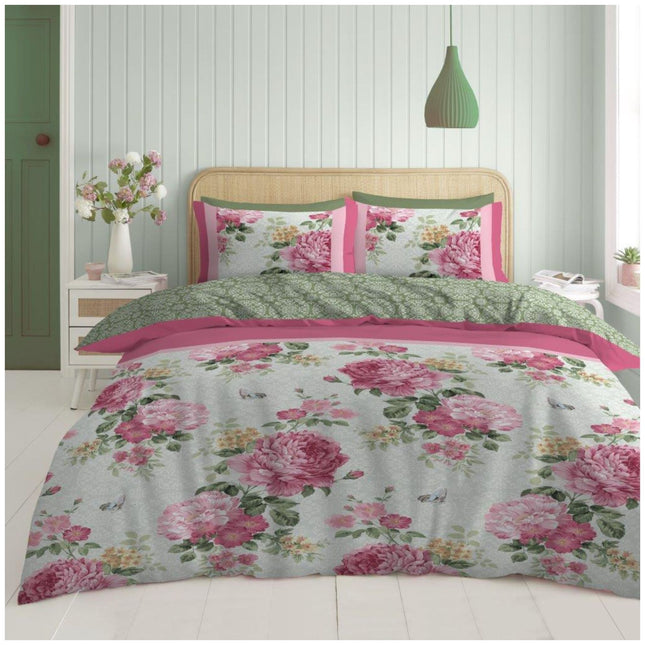 This complete duvet cover set features a soft, reversible bedding quilt with a beautiful pink floral pattern, accented by green leaves and delicate butterfly motifs. The reversible design allows you to switch between two complementary styles, offering versatility in bedroom décor. Crafted from a breathable cotton-polyester blend, it ensures both comfort and durability for year-round use.