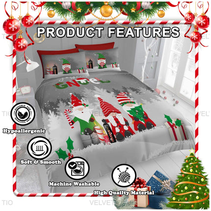 Make your bedroom merry and bright with this cozy and whimsical Joyeux Gnoel duvet cover set! Featuring adorable holiday gnomes, wrapped presents, candy canes, and snowy forest scenery, this bedding brings instant Christmas cheer to any space.