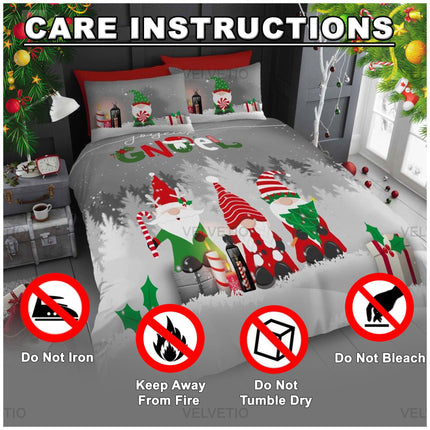 Keep your Joyeux Gnoel Christmas duvet cover set looking festive and fresh by following these care instructions: Do not iron, tumble dry, or bleach, as this may damage the fabric and print. Always keep the bedding away from fire for safety. For best results, gently machine wash in cold water and air dry to maintain the softness, vibrant colors, and cheerful holiday design season after season.