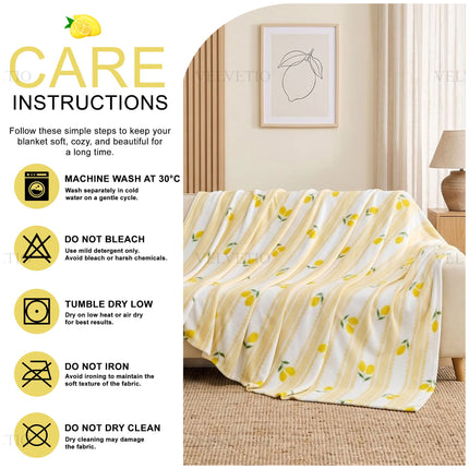 Fresh Citrus Pattern Home Throw – Eye-catching lemon-inspired blanket that brings a bright and playful aesthetic to indoor spaces, making it suitable for bedrooms, lounges, sofas, chairs and seasonal home styling.