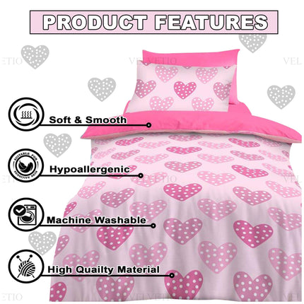 The Love Hearts Girl Kid Duvet Cover Set is crafted from soft, smooth, and high-quality microfiber polyester, designed to provide a cozy and comfortable sleep experience. Featuring a charming pattern of pink and white polka-dotted hearts, this hypoallergenic bedding is gentle on sensitive skin and perfect for little girls. It’s also machine washable for easy care, making it a practical and stylish addition to any child’s bedroom.