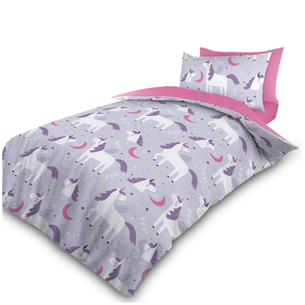 Turn bedtime into a magical adventure with the Magical Unicorn Kids Duvet Cover Set, designed to delight any young dreamer. This charming set features playful white unicorns with purple manes, wings, and tails prancing among crescent moons, twinkling stars, and hearts on a soft lavender background—perfect for adding wonder and whimsy to your child’s bedroom