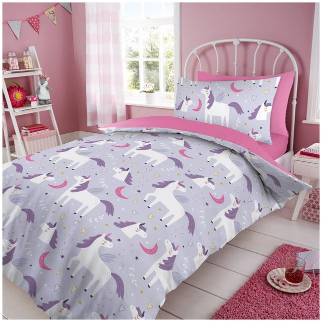This enchanting bedding set includes a matching pillowcase and a reversible design with a bright pink underside for a fun pop of color. Made from 100% polyester, the fabric is ultra-soft, lightweight, and easy to care for—perfect for everyday use. Whether for a unicorn-themed room or as a magical gift, this duvet cover set brings cozy comfort and whimsical charm to bedtime.
