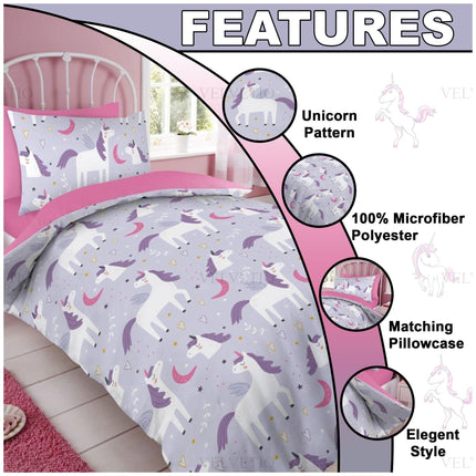 Transform your child's bedroom into a dreamy wonderland with the Magical Unicorn Duvet Cover Set. Made from 100% ultra-soft microfiber polyester, this cozy bedding set is designed for comfort, warmth, and magical dreams. Featuring a playful unicorn pattern with stars, hearts, and moons, it’s perfect for adding a touch of fantasy and fun to any child’s room.