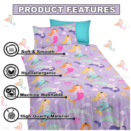 Transform your child’s bedroom into a magical underwater adventure with this Mermaid Duvet Cover Set! Featuring cheerful mermaids, playful dolphins, and colorful sea creatures on a dreamy lavender background, this set is perfect for kids who love the ocean, fantasy, and fun.