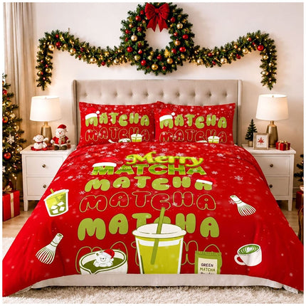 Merry Matcha Xmas Microfibre Duvet Cover and Pillowcase Set for Christmas Bedroom Décor
