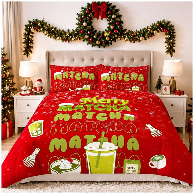Merry Matcha Xmas Microfibre Duvet Cover and Pillowcase Set for Christmas Bedroom Décor