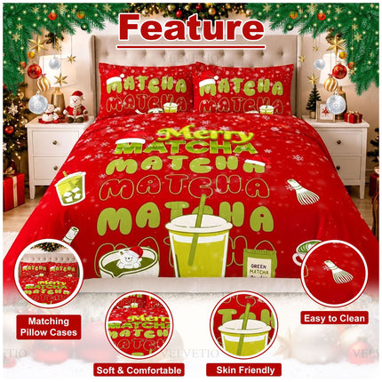 Soft Microfibre Merry Matcha Duvet Cover with Christmas Inspired Design and Matching Pillowcases