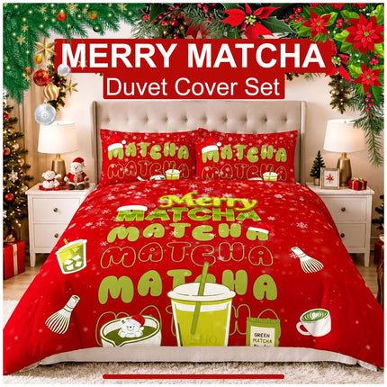 Seasonal Microfibre Merry Matcha Christmas Bedding with Decorative Duvet Cover and Pillowcases