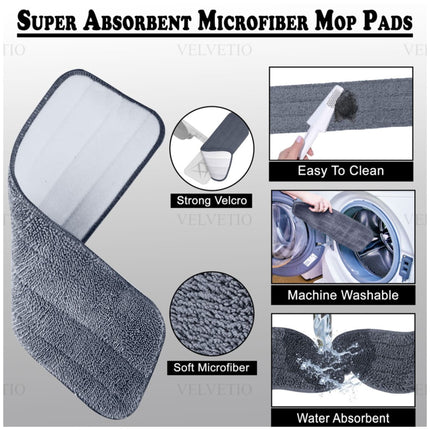 Super Absorbent Microfiber Mop Pads by Velvetio, emphasizing their durability and efficiency for cleaning. Key features include a strong Velcro attachment for secure placement, machine washability for convenience, soft microfiber material for gentle surface cleaning, and high water absorbency to tackle spills effectively. Smaller images highlight each feature, such as a close-up of the Velcro, a hand wiping the mop pad, and a demonstration of its absorbent properties. 