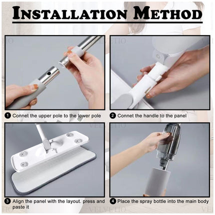 step-by-step installation guide for a spray mop, showcasing four clear assembly instructions with corresponding visuals. Step 1 demonstrates connecting the upper pole to the lower pole for structural support. Step 2 instructs attaching the handle to the mop panel, ensuring stability. Step 3 emphasizes aligning the panel, pressing it into place, and securing it, allowing for proper function. Finally, Step 4 shows placing the spray bottle into the main body, completing the installation for ease of use.