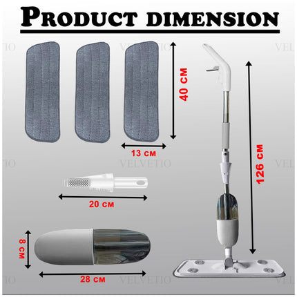 the dimensions of various components in a mop set, offering clear measurements for compatibility and storage considerations. It features three gray mop pads (40 cm x 13 cm), a white brush attachment (20 cm long), a dark-colored container (28 cm x 8 cm), and a full mop assembly standing at 126 cm in height. These measurements provide essential details for understanding the mop's usability and suitability for different cleaning spaces. Let me know if you'd like insights into material quality or performance!