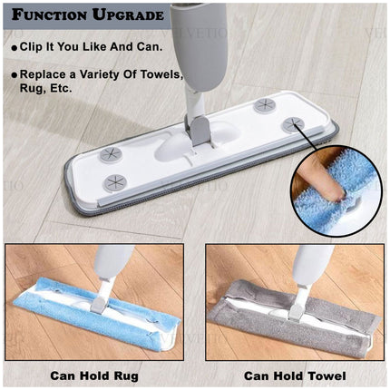 The image highlights an upgraded mop with a clip-on feature, allowing users to attach various cleaning fabrics like towels and rugs for flexible cleaning. The top section emphasizes this adaptability with the text “Clip It You Like And Can. Replace a Variety Of Towels, Rug, Etc.” Below, two demonstrations showcase its versatility—one with a blue rug attached, labeled “Can Hold Rug,” and another with a gray towel clipped in place, labeled “Can Hold Towel.” This innovative design enhances convenience, 