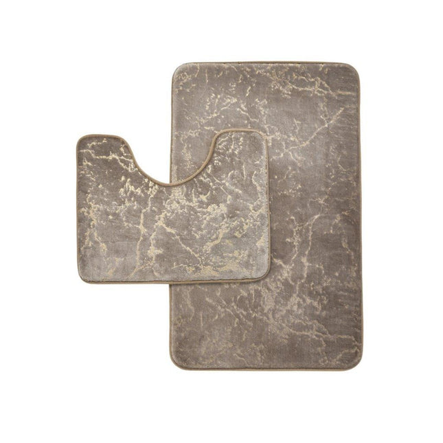 This bathroom rug set has a warm, earthy aesthetic with a marbled pattern in shades of brown and beige. The rectangular rug offers full coverage, while the U-shaped rug is tailored for functionality, fitting neatly around the base of a toilet. The plush texture suggests a soft, comfortable feel underfoot—ideal for adding both style and practicality to your bathroom.