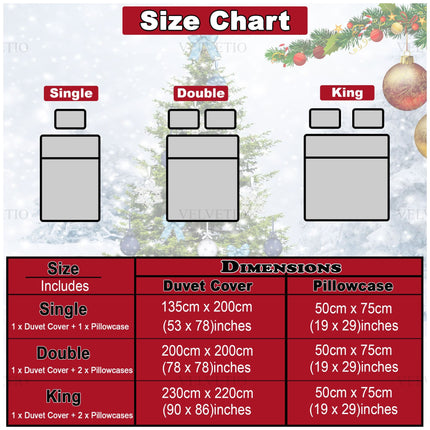 Comes in Single, Double, and King sizes. Each set includes matching standard-size pillowcase(s) for a complete Christmas look.