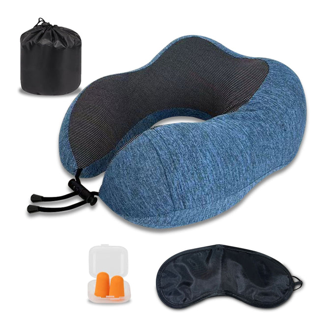 travel comfort set, including a blue neck pillow with a black mesh inner lining designed for ergonomic support. The pillow features adjustable straps, ensuring a snug fit. Alongside it, there’s a black sleep mask to block out light, orange earplugs in a transparent case to minimize noise distractions, and a black drawstring bag for easy storage and portability.