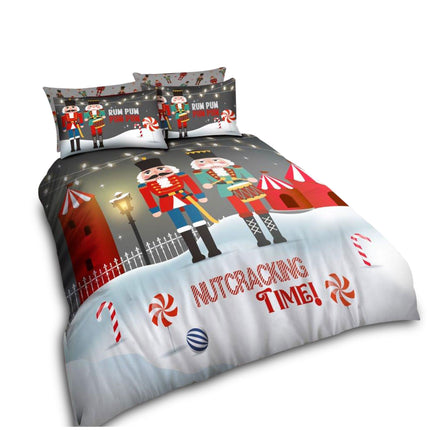 Step into a whimsical winter wonderland with our Xmas Nutcracker Duvet Cover Set. Inspired by the classic holiday ballet, this bedding features bold illustrations of festive nutcracker soldiers, peppermint candy, snowy landscapes, and magical Christmas decor. The phrase "Nutcracking Time!" adds playful energy, making it the perfect bedding for both kids and adults who love Christmas traditions.