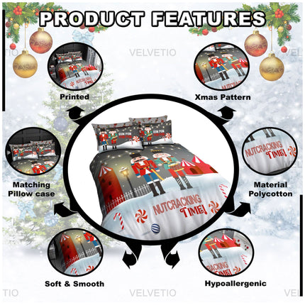 Add a touch of festive cheer to your bedroom with the Nutcracker Christmas Duvet Cover Set, designed to bring warmth, whimsy, and comfort to your holiday décor. Featuring a playful Xmas pattern with bold, printed nutcracker characters and candy cane details, this soft & smooth bedding set is made from hypoallergenic polycotton—perfect for cozy, irritation-free sleep. The matching pillowcases complete the magical winter look, making this set a must-have for anyone who loves to celebrate in style.