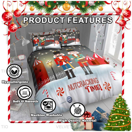 Celebrate the season in style with the Nutcracker Time Christmas Duvet Cover Set, crafted from high-quality, soft polycotton for a cozy and breathable feel all night long. Featuring a fun, festive nutcracker scene with candy canes, sweets, and the words "Nutcracking Time!", this bedding set brings holiday charm to any bedroom. It’s hypoallergenic, machine washable, and includes matching pillowcases for a coordinated Christmas look that’s perfect for the whole family.