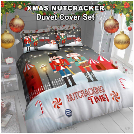 Bring the festive magic to your bedroom with this charming Xmas Nutcracker Duvet Cover Set. Featuring a bold and playful "Nutcracking Time!" design with classic Nutcracker characters, candy canes, and wintery scenes, this bedding set instantly adds a cheerful holiday spirit to any space. The vibrant, high-quality print is complemented by matching pillowcases, creating a coordinated Christmas look. Made from a soft and smooth polycotton blend, it offers both comfort and durability, 