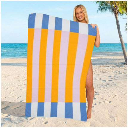 Large orange striped microfiber beach towel with a soft texture and quick-dry, sand-free design.