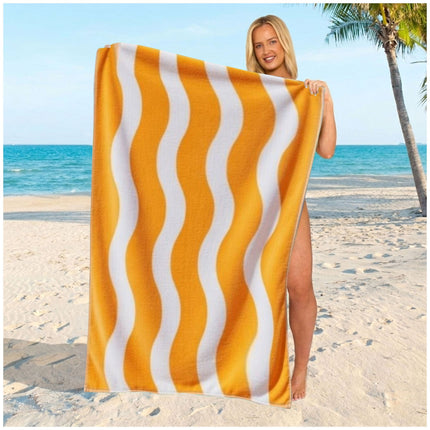 Vibrant orange beach towel with flowing wavy stripes and a soft, lightweight microfiber finish for summer adventures.