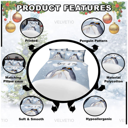This duvet cover set features a charming penguin pattern that adds a cute and cozy touch to your bedroom decor. Made from soft and smooth polycotton material, it offers both comfort and durability while being hypoallergenic, making it suitable for sensitive skin. The set includes matching pillowcases to create a coordinated look, and the design is vibrantly printed for long-lasting color. Perfect for adding warmth and style, this bedding set combines practical features with an adorable theme,