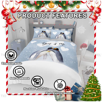 This adorable duvet cover set features a sweet penguin design with the phrase "You & Me," perfect for adding a cozy and charming touch to any bedroom. Made from high-quality, soft, and smooth material, it offers a comfortable and luxurious feel while being hypoallergenic and suitable for sensitive skin. The set is machine washable for easy care and maintenance, ensuring long lasting durability and vibrant colors. Combining practicality with a cute winter theme, this bedding set is ideal for creating a warm 