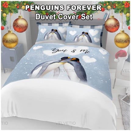 The "Penguins Forever" Duvet Cover Set brings a charming and cozy touch to any bedroom with its adorable penguin design and soft blue snowy background. Featuring the sweet phrase "You & Me," this set creates a warm and loving atmosphere perfect for couples or penguin lovers. Made from high-quality materials, it promises softness, durability, and hypoallergenic comfort. The set includes matching pillowcases for a coordinated look, making it a delightful and festive addition to your home décor, 