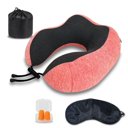 travel comfort set designed to enhance relaxation on trips. The set includes a red neck pillow with black accents, featuring adjustable straps for a secure fit. Accompanying it are orange earplugs in a transparent case to reduce noise, a black sleep mask for blocking out light, and a black cylindrical carrying bag to conveniently store the accessories. The materials suggest a soft, cushioned feel, ensuring comfort during extended travel.