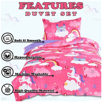 Kids Teddy Princess Unicorn Bedding in a soft and dreamy pink color. This bedding set features a magical unicorn design, combined with the cozy, plush texture of teddy fabric, making it the perfect addition to any young princess's room. With its playful yet elegant design, it offers comfort and style for a peaceful night's sleep.
