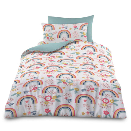 Brighten up your child’s room with the cheerful charm of our Rainbow Kid Duvet Cover Set, designed to inspire joy and imagination with its colorful rainbow, heart, and floral pattern. Made from 100% soft polyester, this bedding set is not only cozy and gentle on the skin but also durable enough to withstand everyday use.