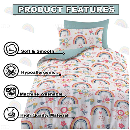 Add color and comfort to your child’s room with our Rainbow Kid Duvet Cover Set, made from high-quality 100% polyester that’s soft, smooth, and gentle on sensitive skin. Featuring a fun and cheerful rainbow and floral print, this hypoallergenic bedding set is perfect for kids and offers a cozy, breathable feel all night long. The set includes a matching pillowcase and a reversible solid pastel teal underside for a versatile look. Durable and machine washable, 