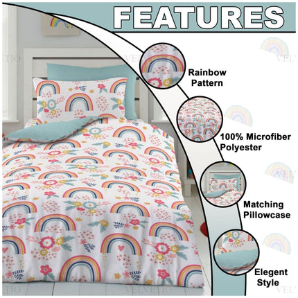 Transform your child’s bedroom into a bright and cheerful space with our Rainbow Kid Duvet Cover Set, designed with a playful rainbow and floral pattern that sparks imagination and joy. Made from 100% microfiber polyester, this set is ultra-soft, hypoallergenic, and gentle on sensitive skin, ensuring a smooth and cozy night’s sleep.