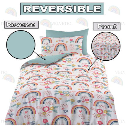 Make bedtime more colorful and cozy with our Rainbow Kid Duvet Cover Set, featuring a cheerful rainbow and floral pattern on the front and a calming solid pastel teal reverse for two stylish looks in one. Made from 100% high-quality microfiber polyester, this set is soft, hypoallergenic, and gentle on sensitive skin—perfect for keeping your child comfy all night.