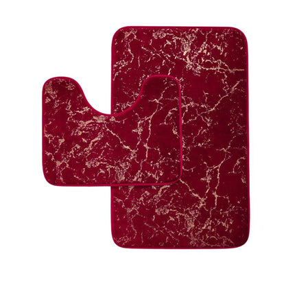This bathroom rug set has a luxurious red hue with elegant gold veining, creating a bold, marble-like effect. The rectangular rug offers full coverage, while the U-shaped cutout ensures a neat fit around the toilet base. The rich color combination adds warmth and a touch of opulence to any bathroom setting.