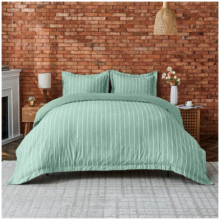Elegant sage green seersucker duvet cover set featuring a textured stripe pattern and a soft, inviting look for modern bedrooms.