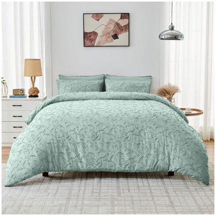 Signature Hereford duvet cover set in sage green with a textured seersucker pattern and a calm, nature-inspired look.